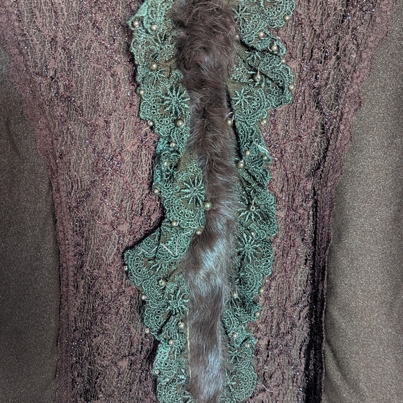 Women's Brown V-Neck Sweater with Beading Faux-Fur & Lace Detailing - Picture 5 of 16